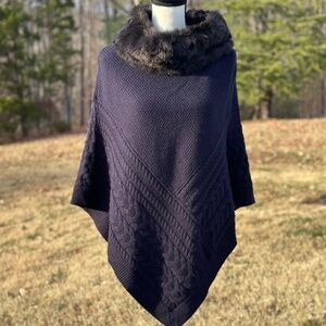 Talbots Faux Fur Trimmed Cable Knit Poncho XS ~ NWT ~ Navy